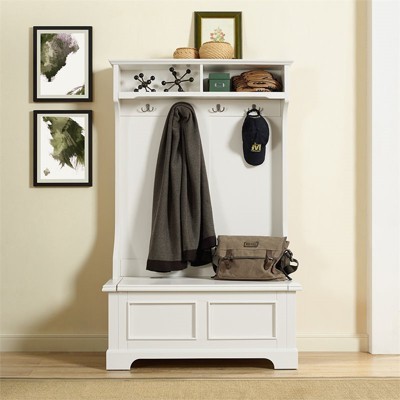 White Hardwood Hall Tree with Storage Bench and Hooks