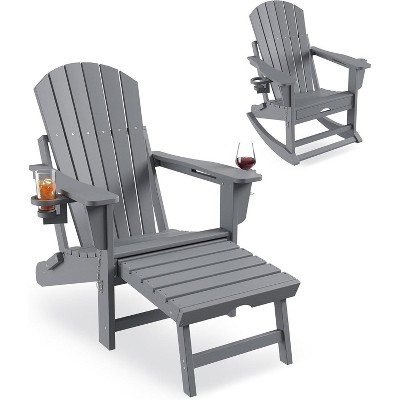 coucheta Adirondack Outdoor Rocking Chairs for Porch, Folding Rocker Chair With Two Cup Holders, HDPE All Weather Rocking Chair for Patio, Grey