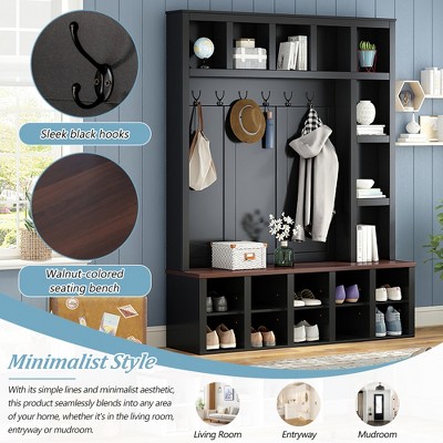 76.7"H Farmhouse Wooden Hall Tree with 6 Hooks, Walnut Storage Bench, 4-in-1 Entryway Shoe Cabinet for Mudroom, Living Room