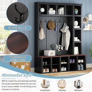 76.7"H Farmhouse Wooden Hall Tree with 6 Hooks, Walnut Storage Bench, 4-in-1 Entryway Shoe Cabinet for Mudroom, Living Room - 1 of 4