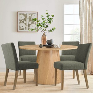 5-Piece Dining Set with 46'' Round Pedestal Table & 4 Upholstered Linen Chairs, Modern Farmhouse Kitchen & Dining Room Furniture-Maison Boucle - 1 of 4