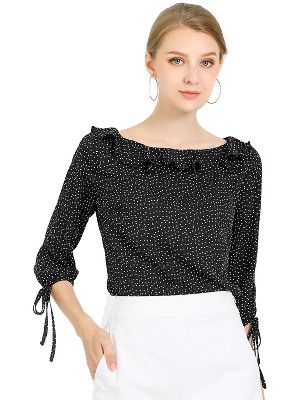 Allegra K Women's Vintage 3/4 Sleeve Boat Neck Ruffled Dots Print Blouse