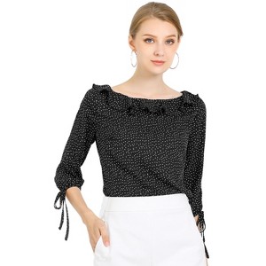 Allegra K Women's Vintage 3/4 Sleeve Boat Neck Ruffled Dots Print Blouse - 1 of 4