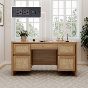 Brafabhome 57" Rattan 5-Drawer Executive Desk with Power Outlets, Modern Writing Desk Wooden Computer Desk with File Drawers for Home Office Bedroom - 1 of 4