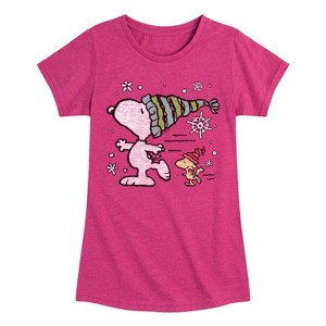 Girls' - Peanuts - Snoopy Woodstock Skate Fitted Short Sleeve Graphic T-Shirt - 1 of 4