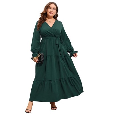 Womens Plus Size V Neck Wrap Maxi Dress High Waist Ruffle Summer Casual Dress with Belt