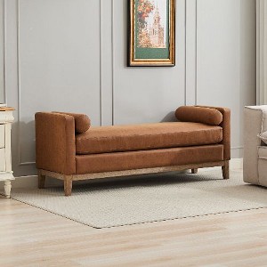 Kumasinova Boucle Upholstered Bed Bench with Fluted Wood Detail, Elegant Entryway Bench with Round Pillows, Ottoman Bench for Bedroom/Living Room - 1 of 4
