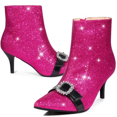 Perphy Women's Rhinestones Pointed Toe Stiletto Heel Glitter Ankle Boots