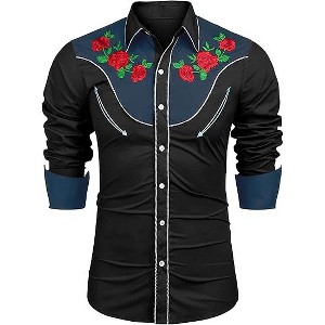 COOFANDY Men's Western Cowboy Shirt Long Sleeve Slim Fit Rose Embroidered Cotton Casual Button Down Shirts S-XXL - 1 of 4