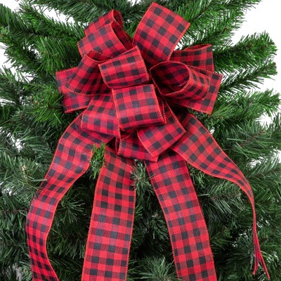 Red and Black Plaid Fabric Christmas Bow Tree Topper