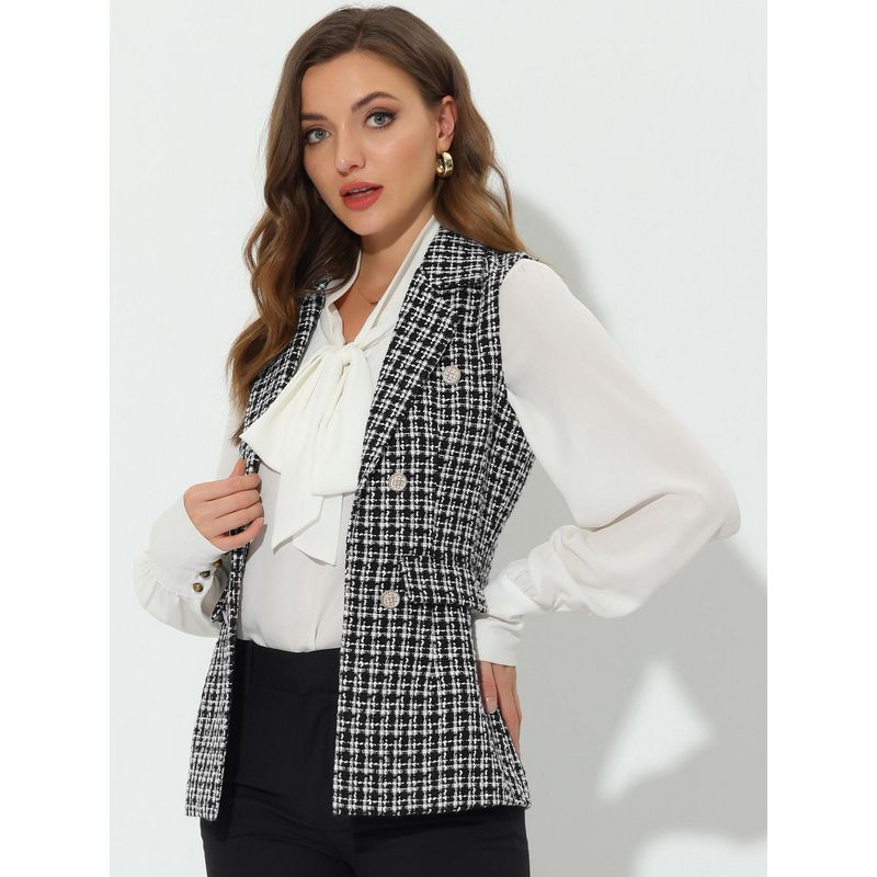 Allegra K Women's Vintage Tweed Open Front Plaid Sleeveless Office Blazer Vest, 3 of 6