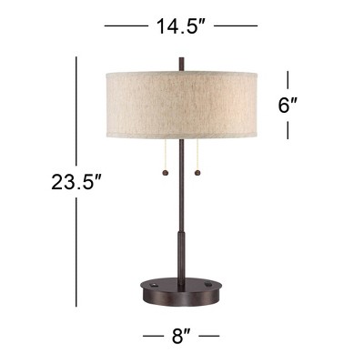 Bronze Table Lamp with Off-White Fabric Drum Shade and USB Port