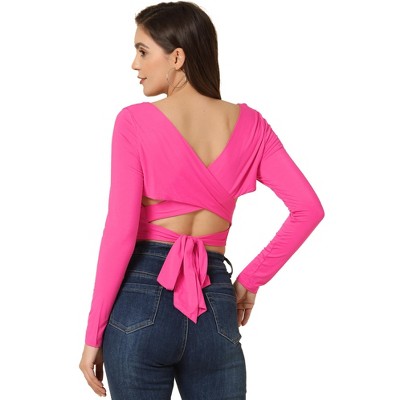 INSPIRE CHIC Women's Criss Cross Long Sleeve Scoop Neck Tie Back Crop Top