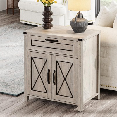 End Table with Charging Station, Narrow Side Table Small Nightstand, Retro-Grey