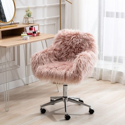 Makeup Vanity Chair Home Office Chair Fluffy Chair With Silver Chrome Castors Modern Faux Fur Arm Chair Accent Chair For Living Room Bedroom