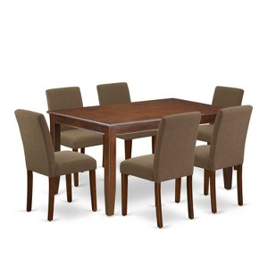 Rectangular Dining Table Set 7 Piece - 60 Inch Table & 6 Parsons Chairs - Mahogany & Linen Fabric - 1 of 4
