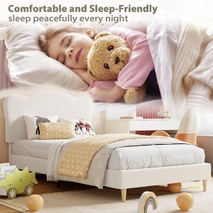 Upholstered Twin Size Bed Frame for Kids with Scallop Headboard, Cute Velvet Twin Bed for Girls, Boys, Sturdy Platform Bed, No Box Spring Needed - 1 of 4