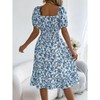 Coolmee Women's Summer Floral Midi Dresses Casual Square Neck Puff Sleeve Flowy Ruffle A Line Beach Dress Blue Small - 3 of 4
