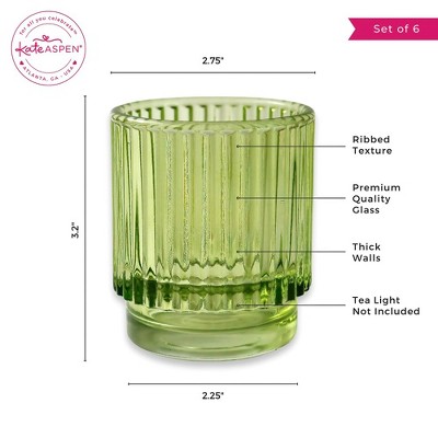 Set of 6 Green Ribbed Glass Votive Candle Holders