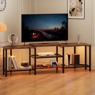 67" Corner TV Stand with LED Lights, Power Outlets & 4 Open Shelves, Entertainment Center for 55–75" TVs