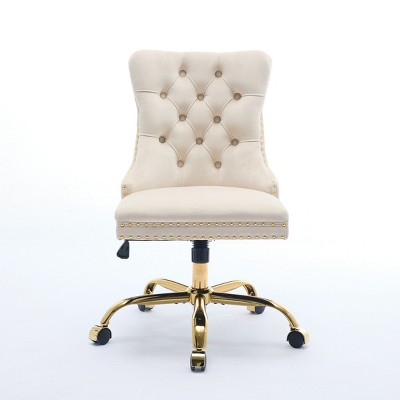 GlasFlength Task and Office Chairs Modern Velvet Swivel Chair with Gold Base and Tufted Back for Home Office, Beige, 24.8"*19.4"*38.6"