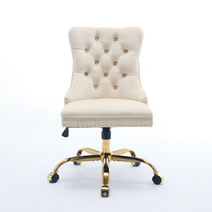 GlasFlength Task and Office Chairs Modern Velvet Swivel Chair with Gold Base and Tufted Back for Home Office, Beige, 24.8"*19.4"*38.6" - 1 of 4