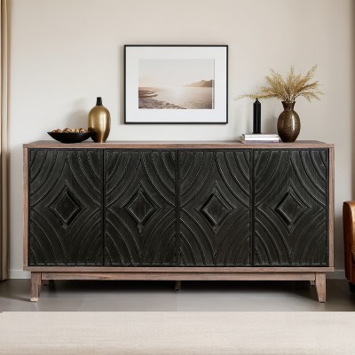 Mid Century 60" Sideboard Buffet Cabinet with Solid Wood Legs,4 Convex pattern diamond Doors and 2 Shelves - Leovsnove