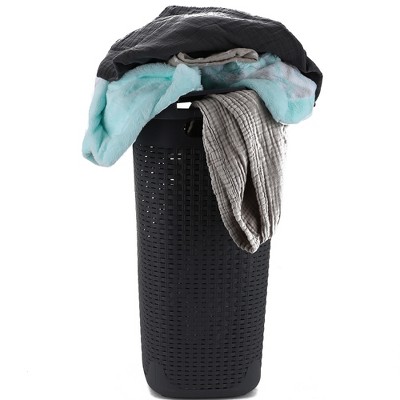 Gray Plastic Wicker Laundry Hamper with Lid and Wheels