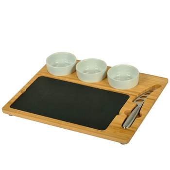 Picnic at Ascot Bamboo Cheese Board with 3 Ceramic Bowls, Bamboo Spoons, Stainless Steel Cheese Tools & Cheese Markers