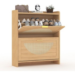 Rattan Shoe Cabinet with 2 or 4 Flip Drawers, Free Standing Wooden Shoe Storage Organizer Cabinet with Adjustable Shelves for Entryway,Hallway,Foyer - 1 of 4