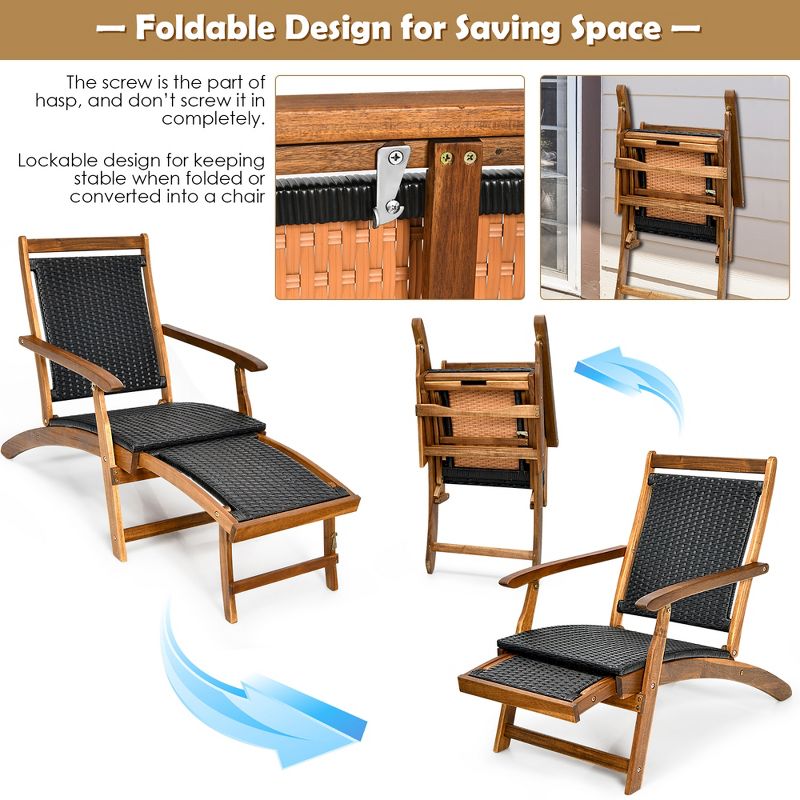 Costway  Patio Folding Rattan Lounge Chair Wooden Frame W/ Retractable Footrest, 5 of 9