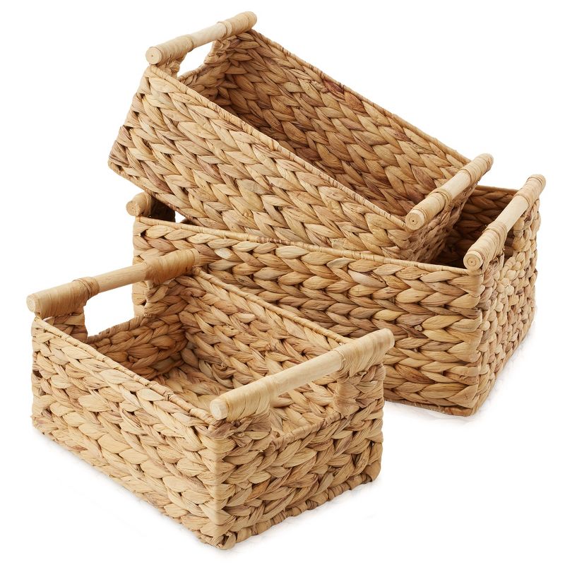 Casafield (Set of 3) Water Hyacinth Rectangular Storage Baskets with Wooden Handles - Small, Medium, Large Woven Nesting Baskets, 1 of 7