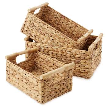 Casafield (Set of 3) Water Hyacinth Rectangular Storage Baskets with Wooden Handles - Small, Medium, Large Woven Nesting Baskets