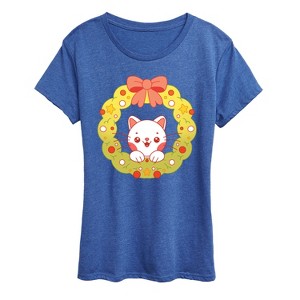 Women's - Instant Message - Chibi Cat Christmas Wreath Short Sleeve Graphic T-Shirt - 1 of 4