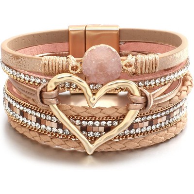 Leather Wrap Bracelet with Heart-Shape Decor & Crystal Beads, Bohemian Cuff Bangle for Women & Girls