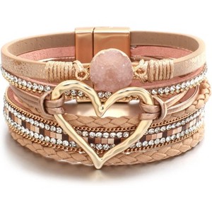 Leather Wrap Bracelet with Heart-Shape Decor & Crystal Beads, Bohemian Cuff Bangle for Women & Girls - 1 of 4