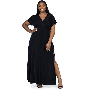 24seven Comfort Apparel Plus Size Flutter Sleeve Metallic Knit Maxi Dress Front Slit Empire Waist - 1 of 4