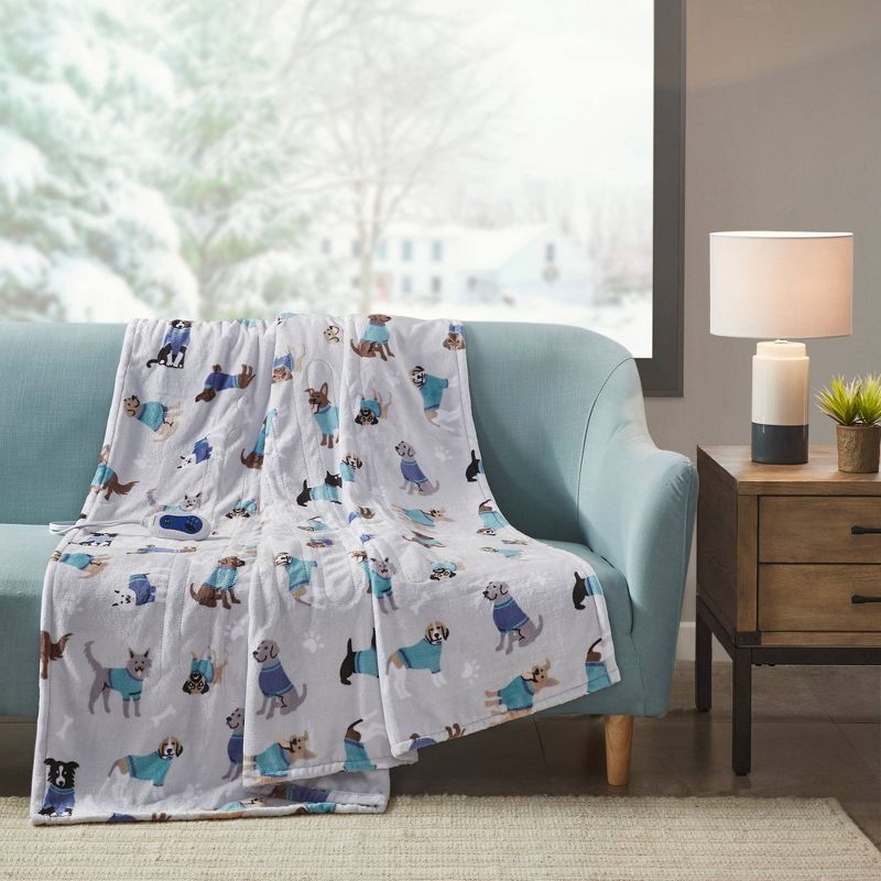 60&#34;x70&#34; Oversized Plush Dogs Printed Heated Throw Blanket Gray - Beautyrest, 4 of 7