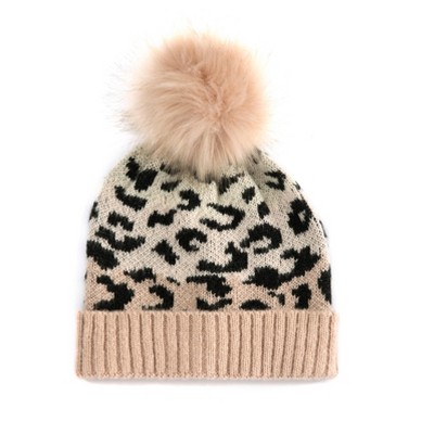 Shiraleah Dara Black and Blush Leopard Print Beanie Hat with Pom