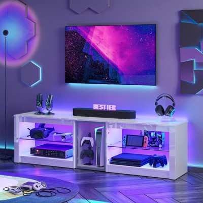 Bestier TV Stand for TVs up to 60 or 70 inch, Gaming Media Console for PS5, LED TV Cabinet with Power Outlet & Glass Shelves