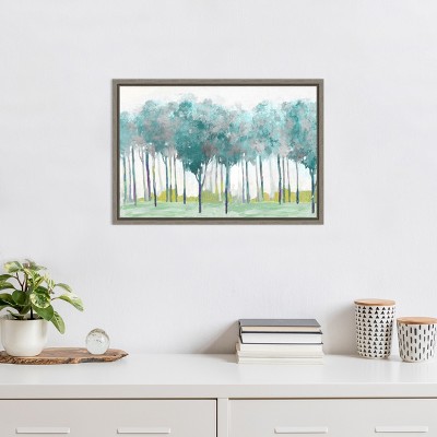 Teal and Silver Watercolor Trees Canvas Print with Gray Frame