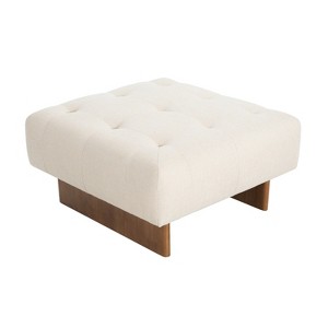 Dexmalle Square Upholstered Tufted Linen Fabric Ottoman, Solid Wood Legs, Beige - 1 of 4