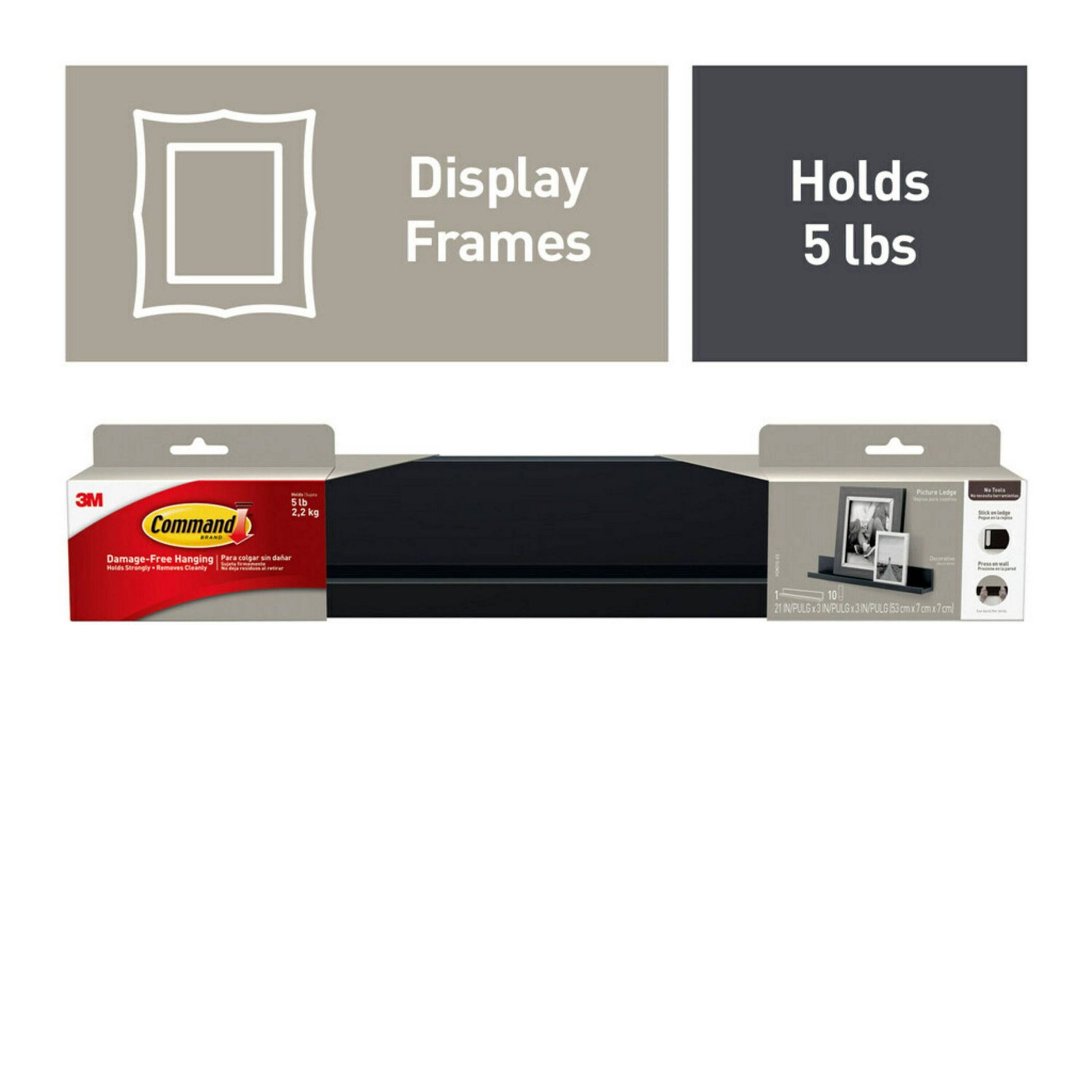 Command Picture Ledge, Slate, 1 Ledge, 10 Strips: Floating Wall Shelf, Plastic, 5lb Capacity, No Assembly Required