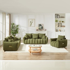 1 + 3 + 3-Seater Teddy Sofa Set with Wood Frame, Thick Cushions, and 7 Pillows - 1 of 4