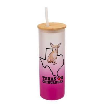Elanze Designs The Lonestar State Texas Loves Chihuahuas Pink and White Ombre Frosted Glass Travel Tumbler with Straw and Wooden Lid, 25 Ounce