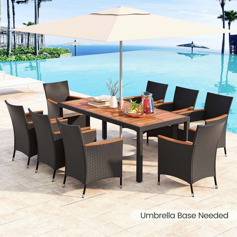 Costway 9 PCS Outdoor Dining Set with Acacia Wood Tabletop, Umbrella Hole, Seat Cushions, 5 of 11