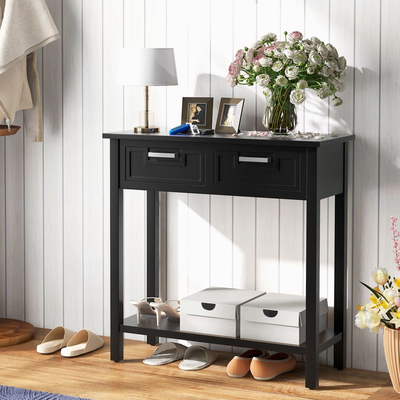 Tangkula Narrow Console Table with Drawers Retro Accent Sofa Table w/ Open Storage Black, 2 of 11