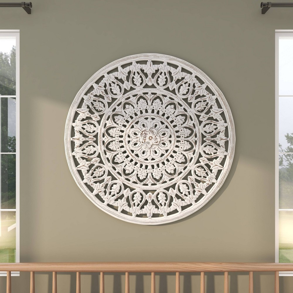 Photos - Wallpaper Wood Floral Handmade Intricately Carved Wall Decor with Mandala Design Whi