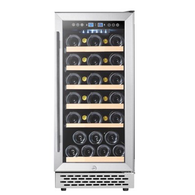 15 Inch Wine Fridge, 28 Bottles Wine Cooler Refrigerator Built-In or Freestanding, Wine Refrigerator With Double-Layered Glass Door & Safety Lock
