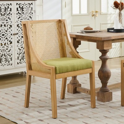 Farmhouse Dining Chair with Rattan High Back and Linen Upholstered Seat for Kitchen Dining Room Living Room-Baofuwish